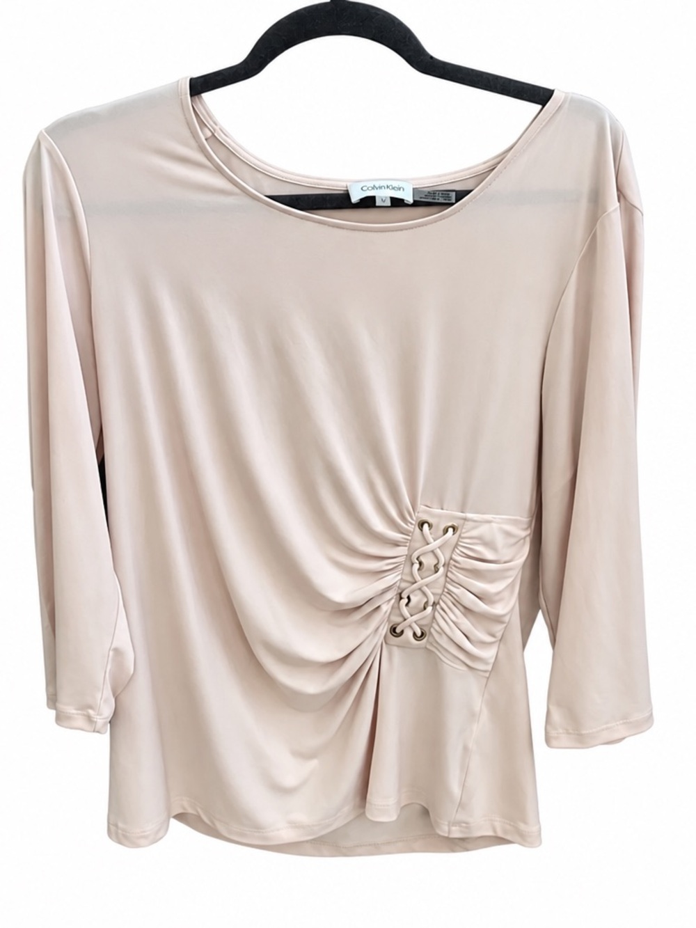 Calvin Klein Lace Up Waist Top XL Office Career Blouse chic romantic Ruched fun